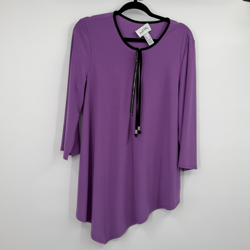 Joseph Ribkoff Tunic Womens 14 Purple Round Neck Long Sleeve Slinky Zipper